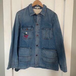 Madewell Blue Denim Jacket with Embroidered strawberries and sun.